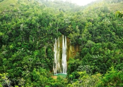 Waterfall cascading down a cliff into a turquoise pool, surrounded by dense tropical forest park greenery.