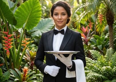 Waiter in a black tuxedo with a bow tie presenting a silver platter in a lush tropical garden.