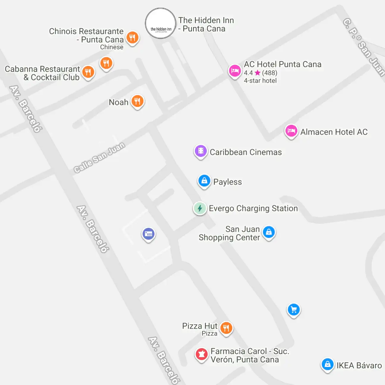 Mapa de la zona de Punta Cana en el que se destacan los hoteles, las tiendas y las atracciones mediante iconos de colores: hoteles (rosa), restaurantes (naranja), cines (morado), puntos de recarga (verde) y iconos de tiendas (azul).