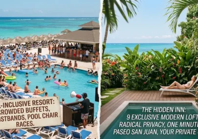 Split scene: left shows a crowded resort pool with a sign reading 'ALL-INCLUSIVE RESORT: CROWDED BUFFETS, WRISTBANDS, POOL CHAIR RACES', right shows a quiet private oasis pool with a sunbather among tropical plants and a banner about 'The Hidden Inn'