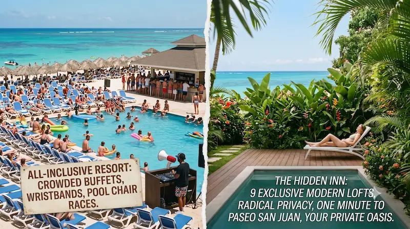 split scene left shows a crowded resort pool with a sign reading all inclusive resort crowded buffets wristbands pool chair races right shows a quiet private oasis pool with a sunbather among tropical plants and a banner about the hidden inn