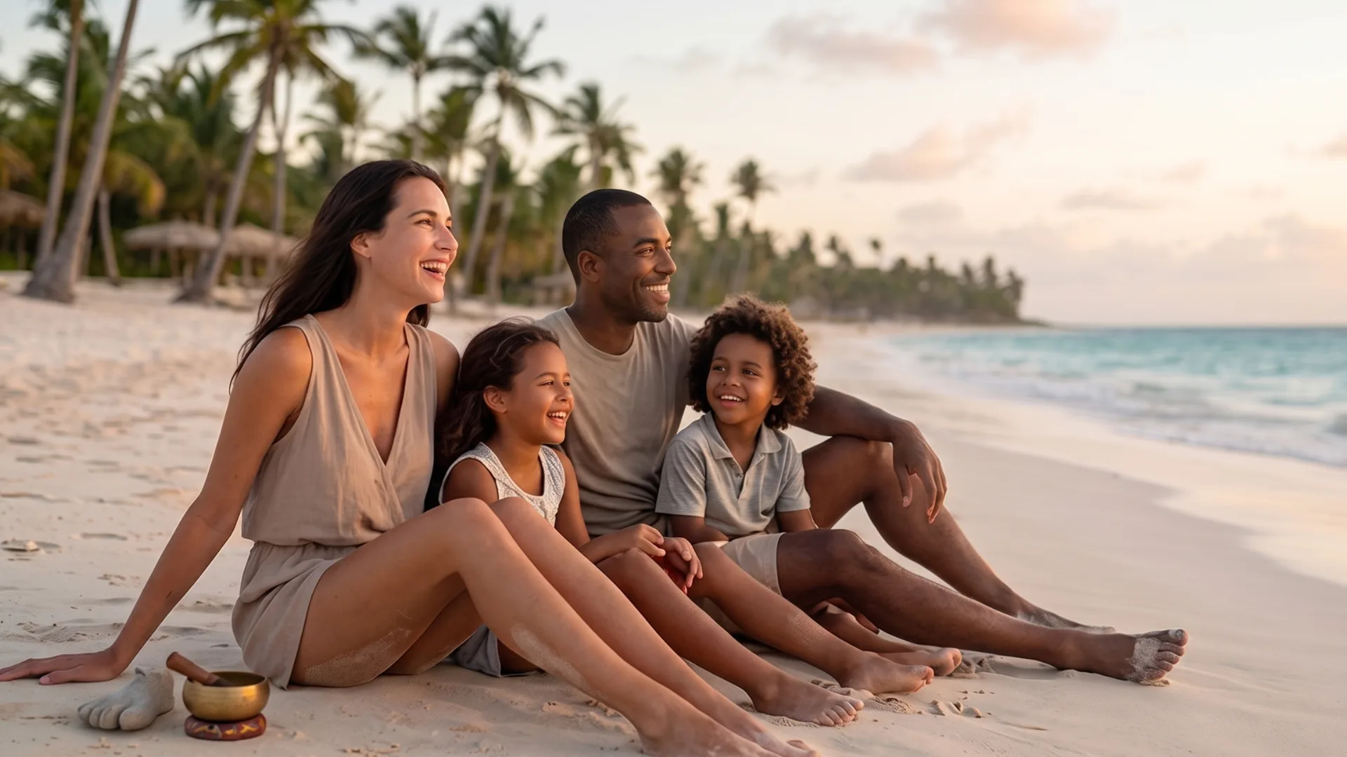 A family of four sits on a sunny beach, smiling and enjoying the sunset by the water with palm trees in the background.