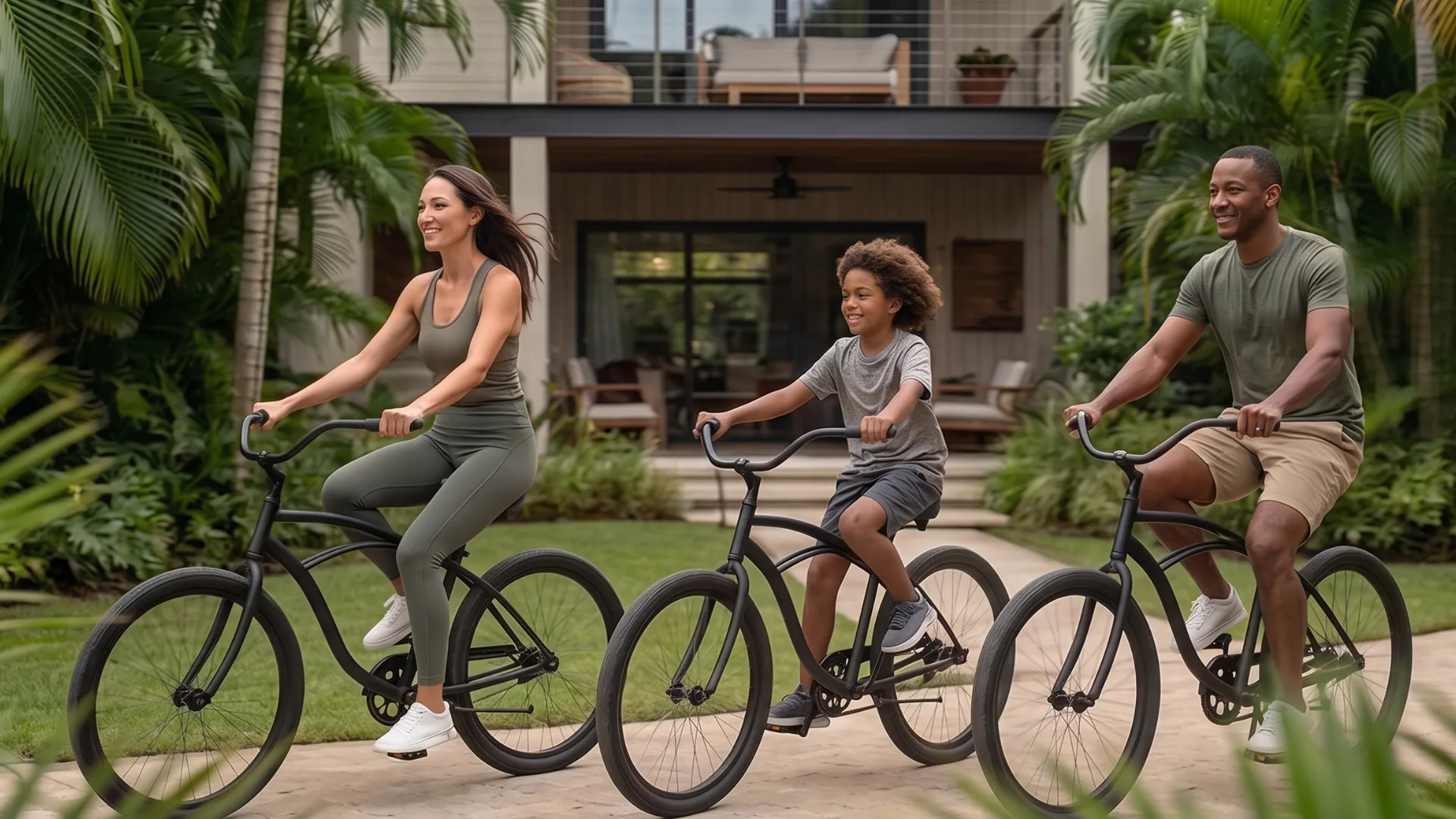 Family of three riding black bicycles along a residential path in front of a modern house with tropical plants to the sides.