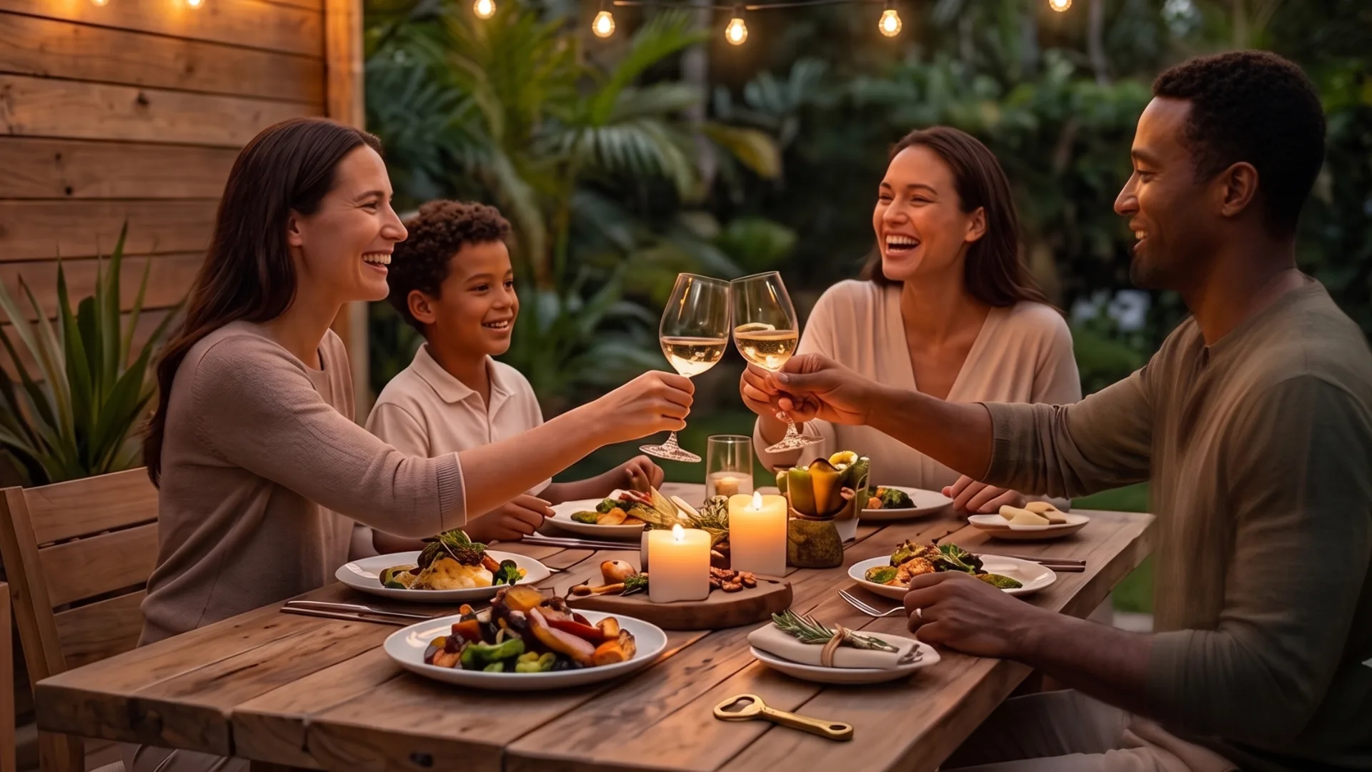 Family of four toasting with wine glasses at an outdoor wooden table, smiling, with plates of food and lit candles under string lights in a garden setting.