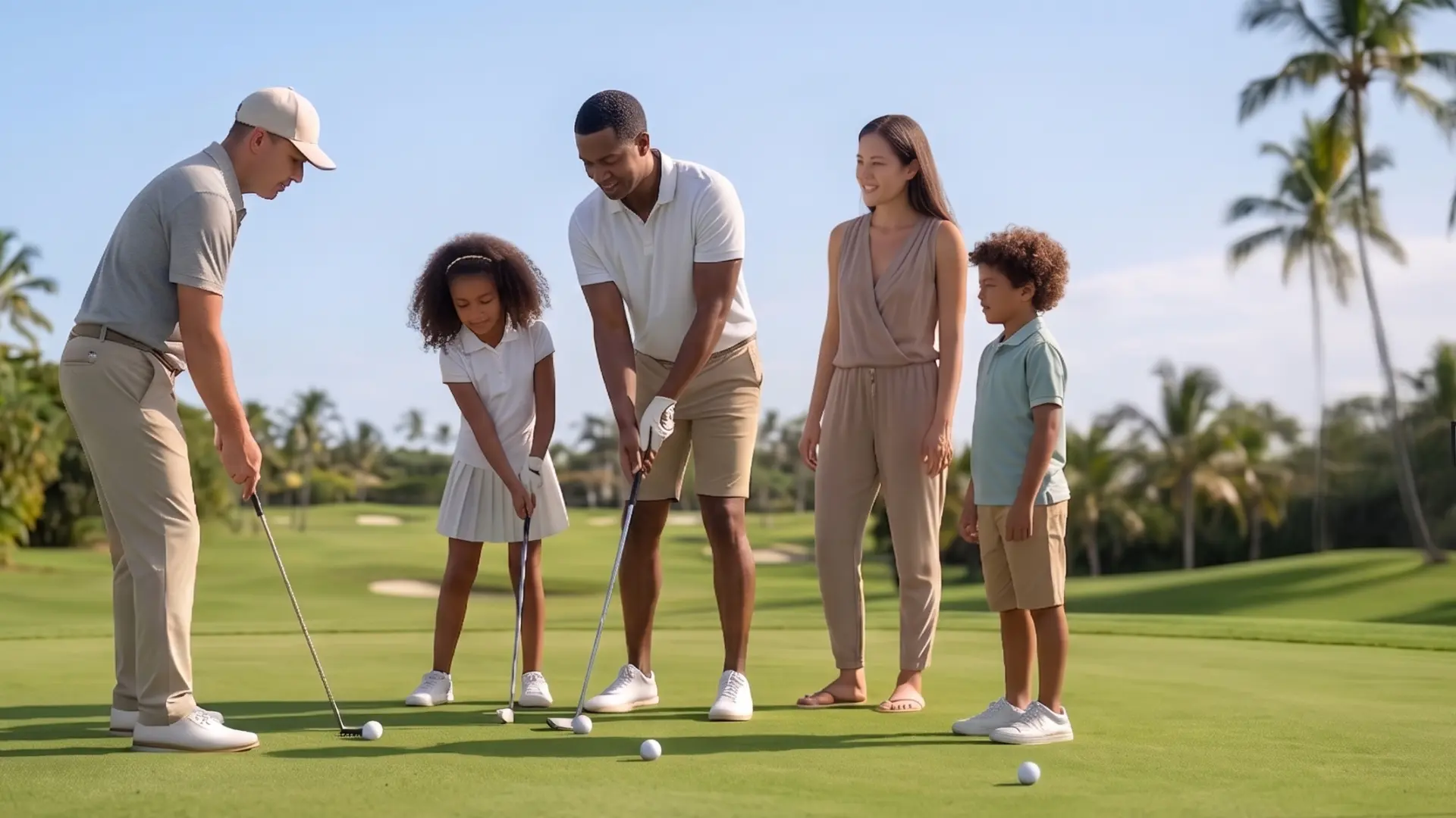 A family of five on a golf course practicing putting together, with two adults and two children watching a man and girl lining up putts on the green under a sunny sky.