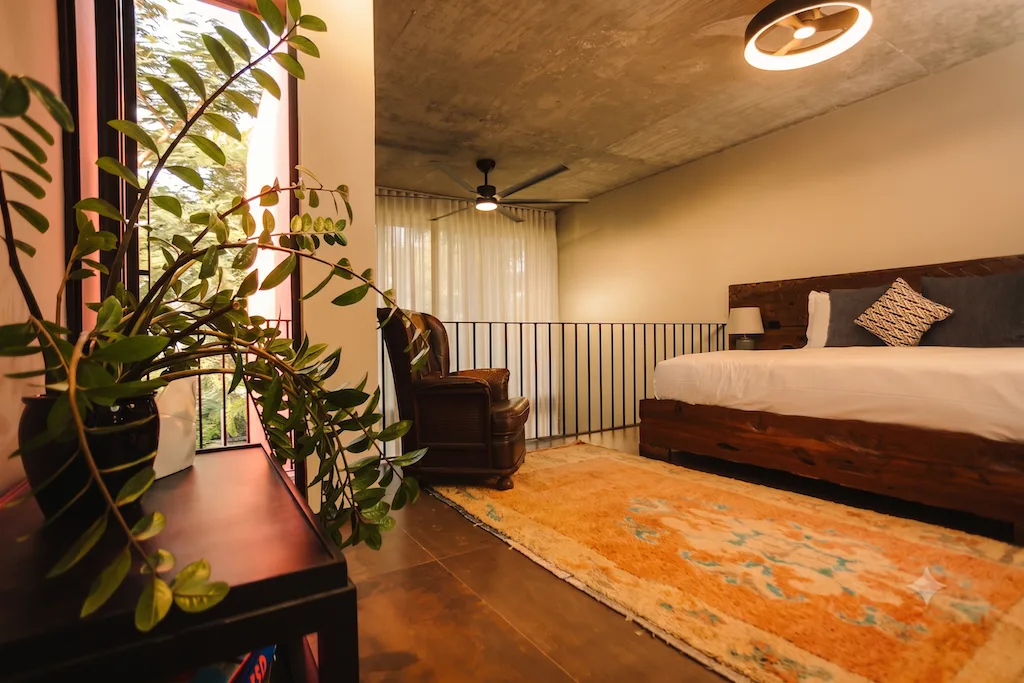 loft hotel room with a wooden bed white linens and a vibrant orange rug a potted plant sits on a nearby table in the foreground