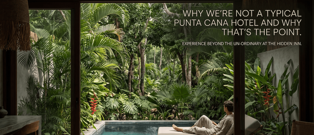 a person lounging on a poolside chair inside a room gazing at a lush tropical garden and pool outside promotional hotel banner text overlays the scene