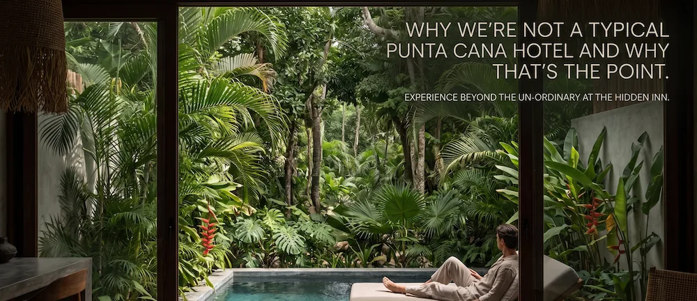 a person lounging on a poolside chair inside a room gazing at a lush tropical garden and pool outside promotional hotel banner text overlays the scene