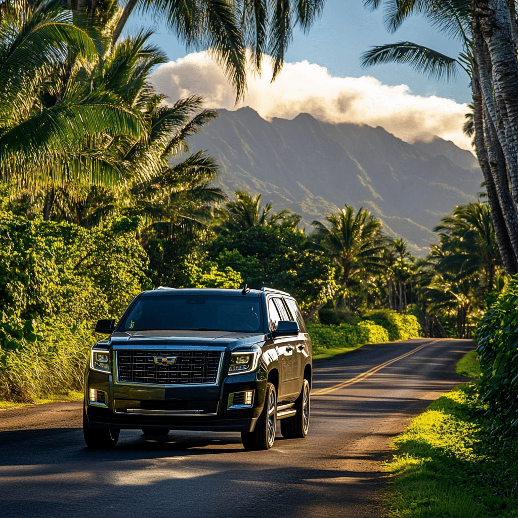 Vip transport the hidden inn punta cana black suv driving along a palm lined tropical road with mountains in the background on a sunny day front view