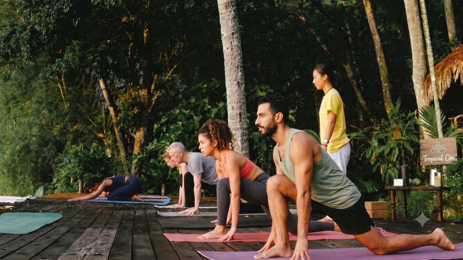 People doing yoga on mats on a wooden deck in a tropical outdoor setting.